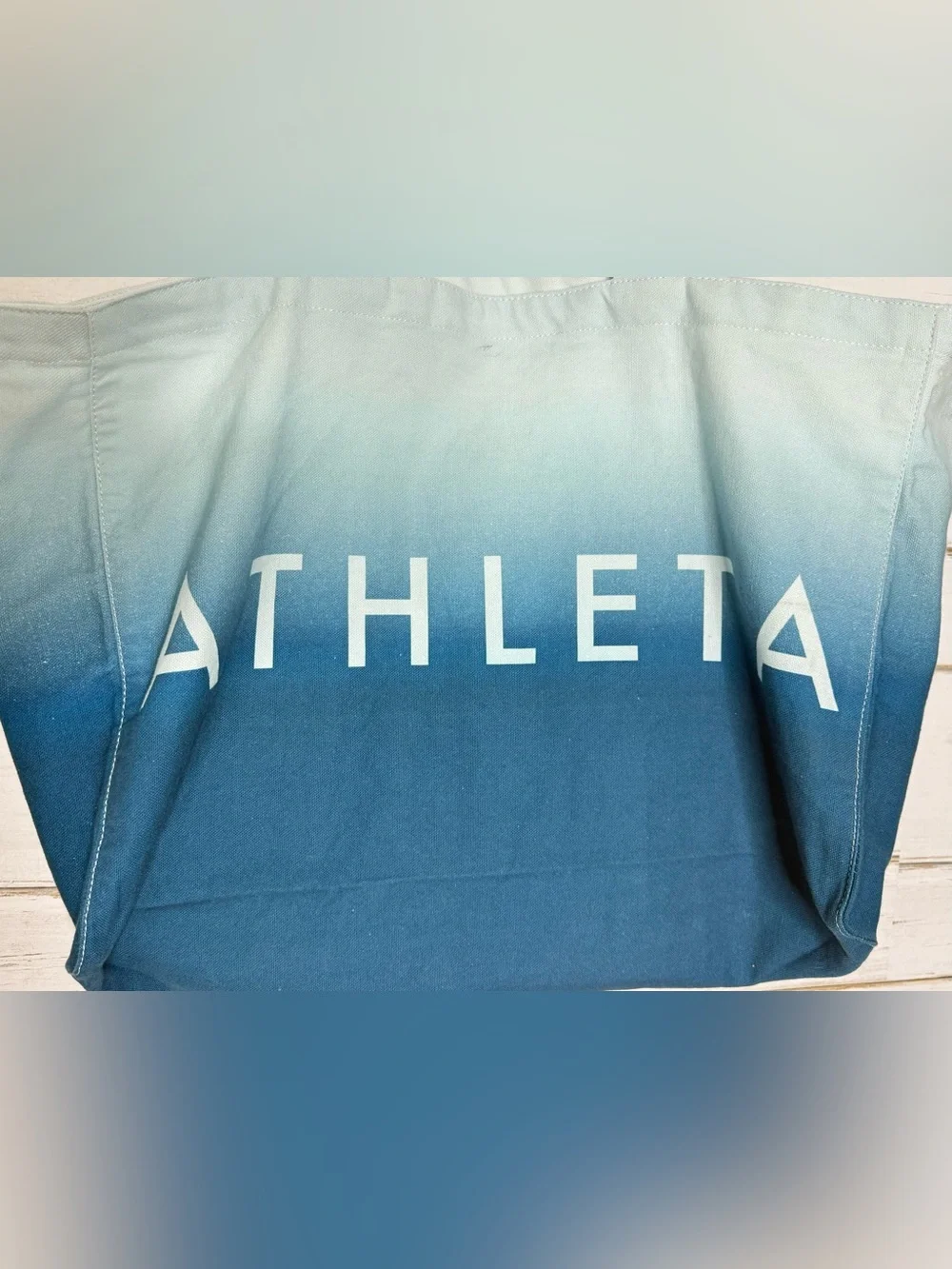 Athleta Large Ombre Canvas Tote Bag Blue White Cotton Beach Gym Shopper